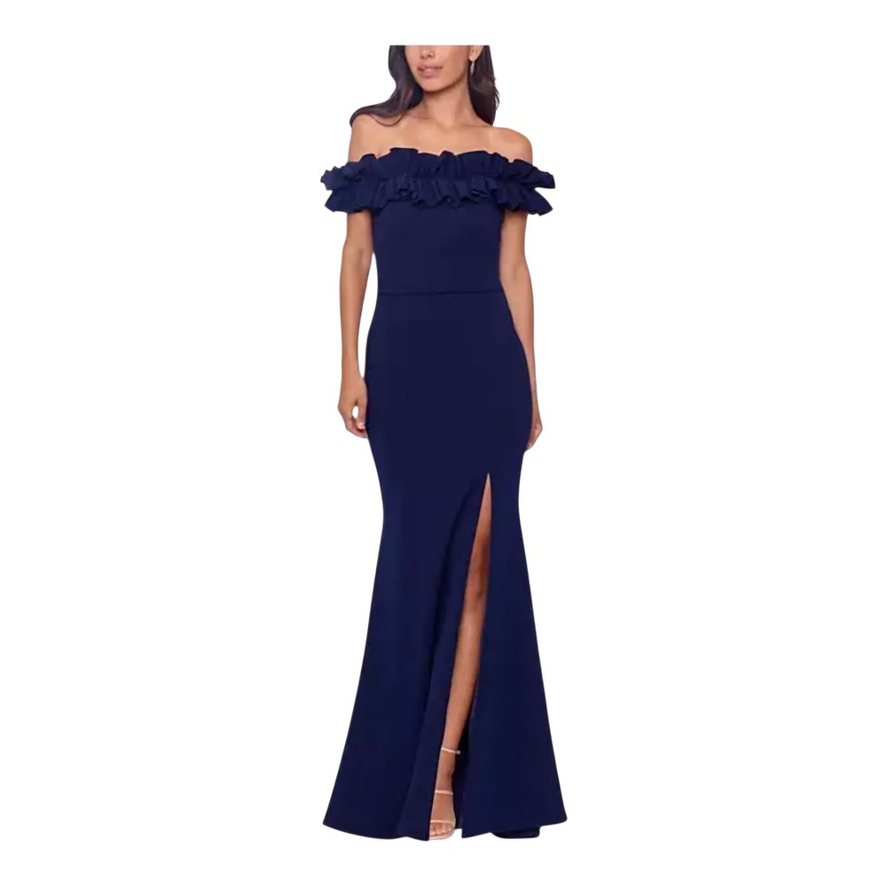 XSCAPE Women's Off Shoulder Ruffle Navy Evening Gown Slit Dress‎ Size 14